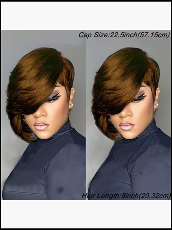 Glueless Short Layered Pixie Cut Straight Human Hair Wig With Bangs Side Part